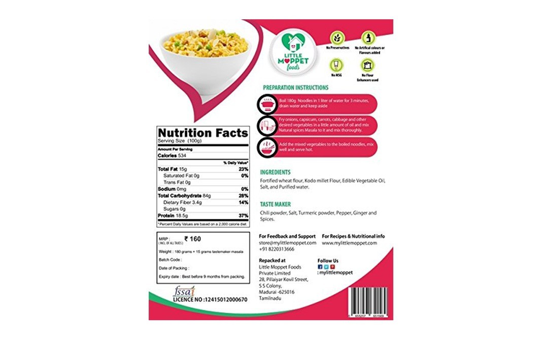 Little Moppet Foods Kodo Millet Noodles (Kodon)   Pack  180 grams